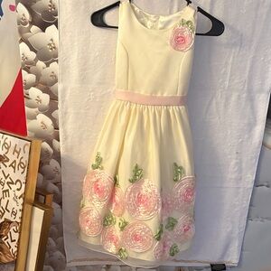 Girls Cream Dress with Pink Floral Appliqués